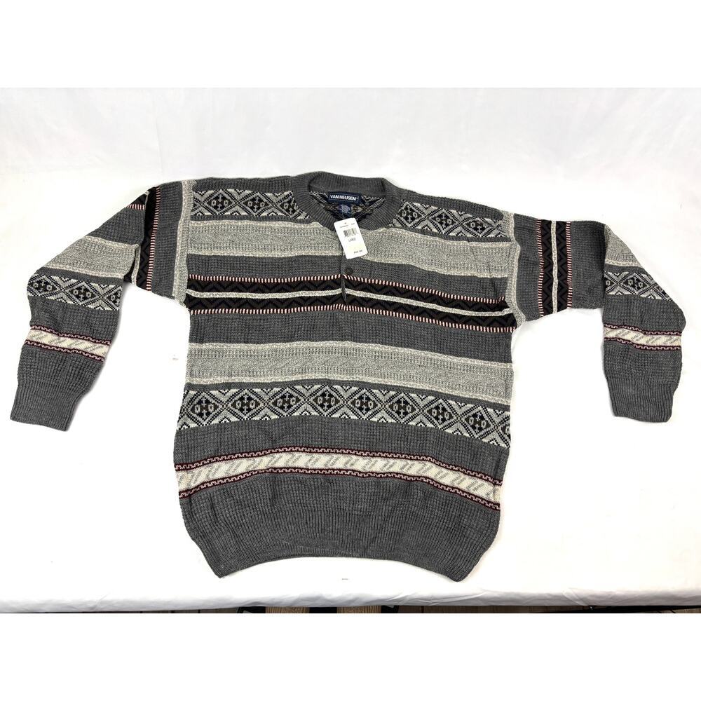 Vintage‎ Van Heusen Sweater Mens Large Long Sleeve 1990s NEW Gray Y2K